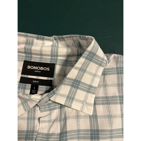Bonobos Long Sleeve Button Stretch Slim Fit Plaid Shirt LARGE Lightweight Green - Picture 1 of 7